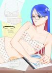  1girl adversarial_noise alternate_costume bespectacled black-framed_eyewear blue_eyes blue_hair bra breasts closed_mouth glasses hair_ornament hairclip highres holding kantai_collection long_hair looking_at_viewer medium_breasts nipples notebook panties pencil polka_dot polka_dot_bra polka_dot_panties red_hair see-through_clothes shishanmo simple_background solo south_dakota_(kancolle) star_(symbol) underwear underwear_only watermark white_hair 
