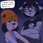 2024 angry anthro beanie black_bottomwear black_clothing black_hair black_pants black_shirt black_t-shirt black_topwear blue_clothing blue_topwear bottomwear bovid breasts canid canine canis caprine cigarette cigarette_smoke clothed clothed_anthro clothed_female clothed_male clothing collar cross-popping_vein crossed_arms dialogue digital_drawing_(artwork) digital_media_(artwork) domestic_dog duo english_text eyebrow_through_hair eyebrows eyelashes eyeshadow female grey_body grey_eyeshadow hair hat headgear headwear hi_res looking_aside makeup male mammal navel night open_mouth orange_beanie orange_clothing orange_hat orange_headwear pants parappa parappa_the_rapper rammy_lamb sheep shirt sky smoke smoking smoking_cigarette sony_corporation sony_interactive_entertainment speech_bubble spiked_collar spikes star starry_sky t-shirt tan_body text topwear translucent translucent_hair um_jammer_lammy zazipou