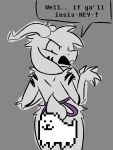 2024 2_horns 4_fingers ambiguous_gender angry annoying_dog_(undertale) anthro apron apron_only arm_tuft asriel_dreemurr_(god_form) black_facial_markings black_markings boss_monster_(undertale) bovid canid canine canis caprine censored clothing constricted_pupils creative_censorship dialogue digital_drawing_(artwork) digital_media_(artwork) domestic_dog duo ellipsis english_description english_text exclamation_point facial_markings feral fingers fur goat grey_background head_markings horn long_ears looking_back male_(lore) mammal markings open_mouth portrait pupils purple_apron purple_clothing quadruped rear_view scut_tail short_tail shoulder_tuft simple_background small_pupils standing tail text thatrabiddog three-quarter_portrait tuft undertale undertale_(series) white_body white_fur
