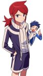  2boys blue_eyes blue_hair blue_jacket chueog closed_mouth ethan_(pokemon) hands_in_pockets highres jacket long_hair looking_at_viewer male_focus multiple_boys one_eye_closed open_clothes open_jacket open_mouth pokemon pokemon_hgss purple_eyes purple_jacket purple_shorts red_hair shirt shorts silver_(pokemon) simple_background thumbs_up track_jacket v-shaped_eyebrows white_background white_shirt 