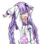  blue_eyes braid breasts hair_ornament himajin_(starmine) hood hood_down hoodie long_hair looking_at_viewer neptune_(series) purple_hair purple_heart small_breasts solo symbol-shaped_pupils twin_braids very_long_hair 