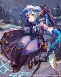  1girl black_gloves blush brown_eyes character_request closed_mouth copyright_notice earrings gloves hand_on_own_face hat highres jewelry looking_at_viewer lost_crusade official_art outdoors pants pointy_ears so-taro solo vial white_pants winter winter_clothes 