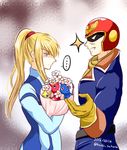  1girl angry blonde_hair blue_eyes captain_falcon f-zero flower helmet kaidou_mitsuki long_hair metroid open_mouth pikmin_(creature) pikmin_(series) ponytail samus_aran smile super_smash_bros. zero_suit 