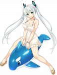  bracelet breasts cleavage green_eyes halterneck inflatable_dolphin inflatable_toy jewelry kure_masahiro large_breasts long_hair looking_at_viewer official_art platform_footwear sandals sashou_urara simple_background smile solo spaghetti_strap straddling twintails valkyrie_drive valkyrie_drive_-siren- white_background 