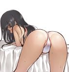  ass bed_sheet bent_over bikini black_hair blush cameltoe covered_clitoris highres long_hair looking_at_viewer looking_back original ren_san simple_background solo swimsuit tan tanline topless white_background white_bikini yellow_eyes 
