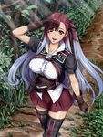  belt blue_hair breasts corset eiwa forest framed_breasts gloves gradient_hair highres large_breasts long_hair looking_at_viewer looking_up miniskirt multicolored_hair nature open_mouth pleated_skirt red_eyes red_hair riela_marcellis senjou_no_valkyria senjou_no_valkyria_3 shirt short_sleeves skirt smile solo taut_clothes taut_shirt thighhighs underbust very_long_hair zettai_ryouiki 