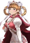  2016 bangs blue_eyes blunt_bangs blush braid breasts cape closed_mouth covered_navel dated dress earrings elbow_gloves flower gloves granblue_fantasy hair_flower hair_ornament highres jewelry juliet_(granblue_fantasy) light_brown_hair looking_at_viewer medium_breasts nu_(dndnknkn) puffy_short_sleeves puffy_sleeves short_hair short_sleeves signature smile solo tiara twin_braids white_gloves 