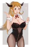  black_legwear breasts cleavage cowboy_shot detached_collar draph glasses granblue_fantasy green_eyes horns large_breasts leotard long_hair moshoko_(mizuneroku) open_mouth orange_hair pantyhose playboy_bunny_leotard ponytail round_eyewear sarya_(granblue_fantasy) sidelocks solo 