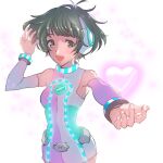  1boy akizuki_ryo arm_up bare_shoulders breasts brown_eyes brown_hair commentary_request cosmic_&amp;_funny_(idolmaster) crossdressing detached_sleeves heart highres idolmaster idolmaster_dearly_stars light_blush looking_at_viewer male_focus medium_breasts open_mouth otoko_no_ko outstretched_arm pink_apollo_(idolmaster) shakeshake0202 short_hair sleeveless solo triangle_mouth white_background 