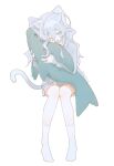  1girl absurdres animal_ears cat_ears cat_girl cat_tail commentary fang grey_sweater highres holding holding_stuffed_toy ikea_shark invisible_chair kurobeko_(kur0bek0) long_hair long_sleeves looking_at_viewer miniskirt no_shoes one_eye_closed open_mouth original pleated_skirt simple_background sitting skirt socks solo stuffed_animal stuffed_shark stuffed_toy sweater symbol-only_commentary tail white_background white_hair white_socks 