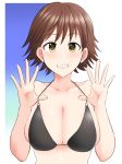  1girl artist_request bangs bare_shoulders black_bikini_top blue_background blush breasts brown_hair cleavage collarbone commentary eyebrows_visible_through_hair hands_up highres honda_mio idolmaster idolmaster_cinderella_girls large_breasts lipstick looking_at_viewer makeup round_teeth short_hair sideboob smile string_bikini string_pull teeth two-tone_background upper_body white_background yellow_eyes 
