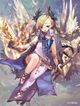  1girl blonde_hair blue_eyes blue_hairband blue_tabard braid dress full_body hairband holding holding_staff laurel_crown long_hair looking_at_viewer nike_(soukyuu_no_skygalleon) official_art shoes single_thighhigh so-taro solo soukyuu_no_skygalleon staff tabard thighhighs twin_braids white_dress white_shoes white_wings wings 