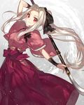  chocoan fate/zero fate_(series) holding holding_weapon irisviel_von_einzbern japanese_clothes long_hair looking_at_viewer naginata polearm ponytail red_eyes smile solo weapon white_hair 