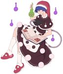  apron black_capelet black_dress blob blue_eyes blue_hair blush_stickers capelet crossover doremy_sweet dress ekubo_(mob_psycho_100) face full_body hat highres looking_at_viewer mefomefo mob_psycho_100 nightcap pom_pom_(clothes) purple_lips red_hat simple_background slippers smile socks tail touhou waist_apron white_apron white_background white_legwear 