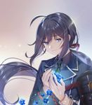  ahoge armor black_hair flower highres japanese_armor male_focus military military_uniform namazuo_toushirou necktie ponytail purple_eyes qingshui_ai shoulder_armor smile sode solo tears touken_ranbu uniform 