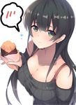  agano_(kantai_collection) alternate_costume bare_shoulders black_hair black_sweater blush bra_strap breasts cleavage closed_mouth collarbone commentary_request dyson_(edaokunnsaikouya) flying_sweatdrops food frown green_eyes holding holding_food kantai_collection large_breasts long_hair long_sleeves looking_at_viewer off-shoulder_sweater ribbed_sweater solo spoken_blush sweater sweet_potato tears upper_body white_background yakiimo 