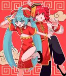  2girls ahoge aqua_eyes aqua_hair black_pants black_shoes bracelet china_dress chinese_clothes dress drill_hair earrings flat_chest hair_between_eyes hair_ornament hashtag-only_commentary hatsune_miku jewelry kasane_teto leg_up looking_at_viewer mary_janes meandros meandros_border multiple_girls odochina_(vocaloid) pants parted_lips red_dress red_eyes red_hair red_trim shoes smile socks synthesizer_v torn_clothes torn_socks twin_drills twintails utau vocaloid white_socks wide_sleeves yu_jc096 