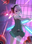  belt black_hairband bow bowtie collared_shirt cowboy_shot drone dual_wielding energy_sword hairband holding konpaku_youmu laser lightsaber long_sleeves midriff motion_lines purple_eyes shirt short_hair skirt solo star_wars sword touhou vest weapon white_hair xialuluo_(sharuro) 