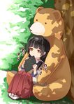  amayadori_machi animal bear black_hair brown_eyes creek_(moon-sky) eating highres japanese_clothes kumai_natsu kumamiko miko nori_(seaweed) sandals sitting tabi tree 