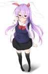  adjusting_eyewear animal_ears bespectacled black_legwear bow bowtie breasts bunny_ears collared_shirt foreshortening from_above glasses lavender_hair long_hair long_sleeves looking_at_viewer medium_breasts miniskirt red_eyes reisen_udongein_inaba semi-rimless_eyewear shadow shirt shoes skirt smile solo thighhighs touhou vest white_background xialuluo_(sharuro) zettai_ryouiki 