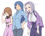  alternate_hairstyle artist_name bad_id bad_pixiv_id blue_hair brown_eyes brown_hair closed_eyes commentary doyagao hairband hand_on_hip idolmaster idolmaster_(classic) kisaragi_chihaya leaning_forward long_hair minase_iori multiple_girls open_mouth personality_switch purple_eyes purple_hair shawl shijou_takane sketch sweatdrop yoshiwa_tomo 