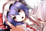  blue_hair blurry depth_of_field eyelashes face frown fujisaki_hikari hat highres middle_finger red_eyes remilia_scarlet solo touhou untied 