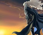  armor artist_request berserk cape from_behind griffith long_hair male_focus solo sunset wavy_hair white_hair 
