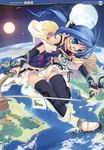  absurdres blue_eyes blue_hair broom broom_riding cape copyright_request earth from_above glasses highres hiiro_yuki moon sidesaddle solo space sun witch 