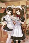  absurdres apron black_tea bow brown_eyes brown_hair cup hair_bobbles hair_bow hair_ornament headdress highres kishida_mel maid maid_headdress multiple_girls original saucer smile steam tea teacup teapot thighhighs tray twintails white_legwear 