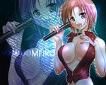  breasts brown_eyes brown_hair center_opening cleavage large_breasts meiko microphone shiny short_hair smile solo tomoshow vocaloid zoom_layer 