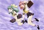  absurdres bag blue_eyes blush bow green_hair hair_bow highres kneehighs long_hair midriff miyafuji_miina multiple_girls onegai_twins onodera_karen pink_hair pleated_skirt school_bag school_uniform short_hair skirt socks uon_taraku 