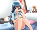  akiyama_mio amamiya_minato bad_id bad_pixiv_id bed blue_eyes blue_hair breasts bunny cleavage convenient_leg dutch_angle k-on! large_breasts long_hair open_clothes open_shirt pillow shirt solo stuffed_animal stuffed_toy teddy_bear 