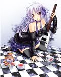  breasts cleavage copyright_request food guitar highres instrument large_breasts long_hair mouth_hold nana_(artist) purple_hair solo steinberger thighhighs zettai_ryouiki 