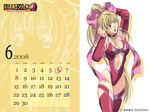  anny_beach armpits blonde_hair blue_eyes bow breasts calendar_(medium) choker cleavage detached_sleeves hair_bow happy highres homare_(fool's_art) large_breasts leotard long_hair midriff one_eye_closed red_leotard solo thighhighs underboob very_long_hair wallpaper wrestle_angels wrestle_angels_survivor_2 