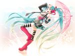  aqua_eyes aqua_hair bikini_top boots commentary_request detached_sleeves hatsune_miku headphones hima_(ab_gata) knee_boots legs long_hair melt_(vocaloid) necktie pink_footwear rubber_boots skirt solo striped striped_legwear thighhighs twintails umbrella very_long_hair vocaloid zettai_ryouiki 