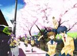  5girls bag cherry_blossoms clannad fujibayashi_kyou fujibayashi_ryou furukawa_nagisa ground_vehicle highres hikarizaka_private_high_school_uniform ibuki_fuuko ichinose_kotomi mitsuki_meiya motor_vehicle multiple_boys multiple_girls okazaki_tomoya sakagami_tomoyo school_bag school_uniform scooter siblings sisters sunohara_youhei twins walking 