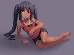  :o absurdres bad_id bad_pixiv_id bare_shoulders barefoot bike_shorts black_hair brown_eyes feet full_body highres k-on! latex long_hair lying nakano_azusa observerz on_side one-piece_tan shorts simple_background solo tan tank_top tanline twintails 
