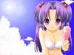  bikini breasts clannad cleavage cloud day food hair_bobbles hair_ornament highres ichinose_kotomi long_hair medium_breasts natsuba_yashi popsicle purple_eyes purple_hair sky solo swimsuit two_side_up 