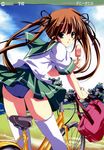  absurdres ass bag bicycle brown_hair copyright_request food ground_vehicle hair_ribbon highres looking_back popsicle ribbon satou_satoru school_swimsuit school_uniform solo swimsuit swimsuit_under_clothes thighhighs two_side_up 