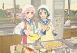  :d apron baking blue_hair bowl cookie_cutter cooking day dough graphite_(medium) happy head_scarf highres indoors kitchen mixed_media multiple_girls open_mouth original pink_hair power_lines rolling_pin school_uniform shiwasu_takashi smile traditional_media whisk whisking window 