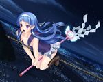  blue_hair boots city flat_chest flying hair_tubes hairband kannagi long_hair nagi night night_sky no_bra open_mouth pleated_skirt purple_eyes riding shide shirakawa_mayo skirt sky smile solo star_(sky) wallpaper wand white_skirt 