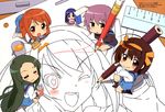  :3 =_= absurdres achakura airbrush asahina_mikuru asakura_ryouko blue_eyes blue_hair brown_eyes brown_hair chibi closed_eyes colored_pencil drawing eraser from_above headband highres kita_high_school_uniform long_hair megami minigirl multiple_girls nagato_yuki nishiya_futoshi official_art paint pencil purple_hair ruler school_uniform serafuku socks suzumiya_haruhi suzumiya_haruhi-chan_no_yuuutsu suzumiya_haruhi_no_yuuutsu tsuruya very_long_hair wooden_pencil 