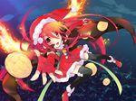  alastor_(shakugan_no_shana) bell bread cape fiery_wings fingerless_gloves fire flying food gloves hat jewelry long_hair melon_bread outstretched_hand pendant red_eyes red_hair ribbon santa_costume santa_hat shakugan_no_shana shana tachitsu_teto thighhighs wings zettai_ryouiki 