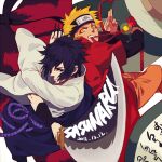  2boys black_eyes black_hair blonde_hair blue_eyes character_name dated facial_mark forehead_protector holding imabboy katana kunai male_focus mouth_hold multiple_boys naruto naruto_(series) scroll smile sword uchiha_sasuke uzumaki_naruto weapon whisker_markings yaoi yellow_eyes 