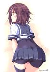  ass asymmetrical_clothes asymmetrical_legwear bike_shorts blue_skirt bodysuit brown_hair commentary_request eyebrows eyebrows_visible_through_hair from_behind furutaka_(kantai_collection) hair_ornament hairclip kantai_collection looking_to_the_side short_hair shorts shorts_under_skirt simple_background skirt solo tamagawa_yukimaru twitter_username yellow_eyes 