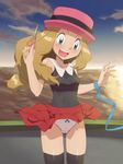  absurdres black_legwear black_shirt blue_bow blue_eyes bow bow_panties brown_hair embarrassed gazing_eye hat highres leash long_hair low_ponytail open_mouth panties pink_hat pink_panties pokemon pokemon_(anime) pokemon_xy_(anime) red_skirt scissors serena_(pokemon) shirt skirt sleeveless sleeveless_shirt solo thighhighs underwear wind wind_lift 