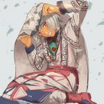  altera_(fate) amir_halgal amir_halgal_(cosplay) blush boots cosplay dark-skinned_female dark_skin dress eyebrows_hidden_by_hair fate/grand_order fate_(series) fingernails highres holding_veil jewelry kazakh_clothes looking_at_viewer mashinrul necklace otoyomegatari red_boots red_eyes short_hair simple_background sitting smile solo teeth veil white_dress white_hair 