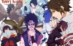  1boy bandages bird black_hair brown_hair character_name colored_sclera dated forehead_protector happy_birthday headband imabboy konohagakure_symbol long_hair looking_at_viewer male_focus mask monster mouth_mask multiple_boys multiple_views naruto naruto_(series) ninja ninja_mask red_eyes scroll shorts simple_background snake sword uchiha_sasuke weapon white_background wings 