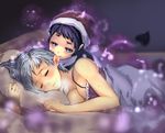  @_@ alternate_costume bare_shoulders biting blue_eyes blue_hair blush breasts camisole check_commentary cleavage closed_eyes closed_mouth commentary_request doremy_sweet dream_soul dress ear_biting hat heavy_breathing highres kikimifukuri kishin_sagume large_breasts looking_at_another multiple_girls nightcap short_hair silver_hair sleeping sweat tail tapir_tail touhou under_covers 