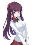  absurdres akasaai bangs blouse blue_eyes blunt_bangs blush bow breasts commentary_request embarrassed hair_bow highres large_breasts long_hair long_sleeves new_game! ponytail purple_hair simple_background solo takimoto_hifumi upper_body v_arms white_background white_blouse 